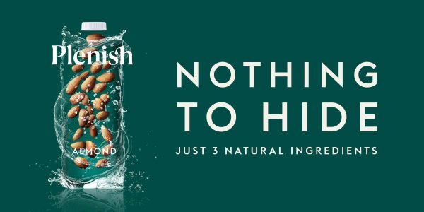 Plenish Nothing to Hide poster with an almond drink bottle